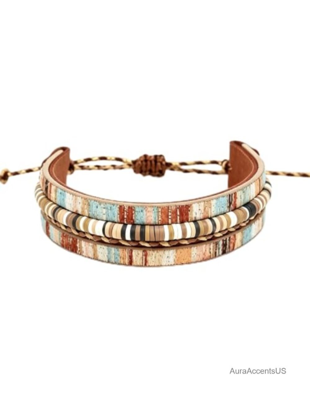 Boho Faux Leather Wrap Bracelet Stackable Clay Bead Jewelry